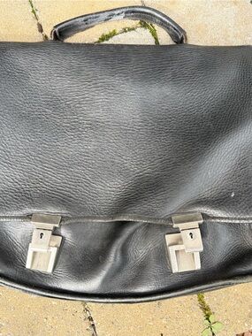 Vintage Black Leather Men's Briefcase with Silver Hardware